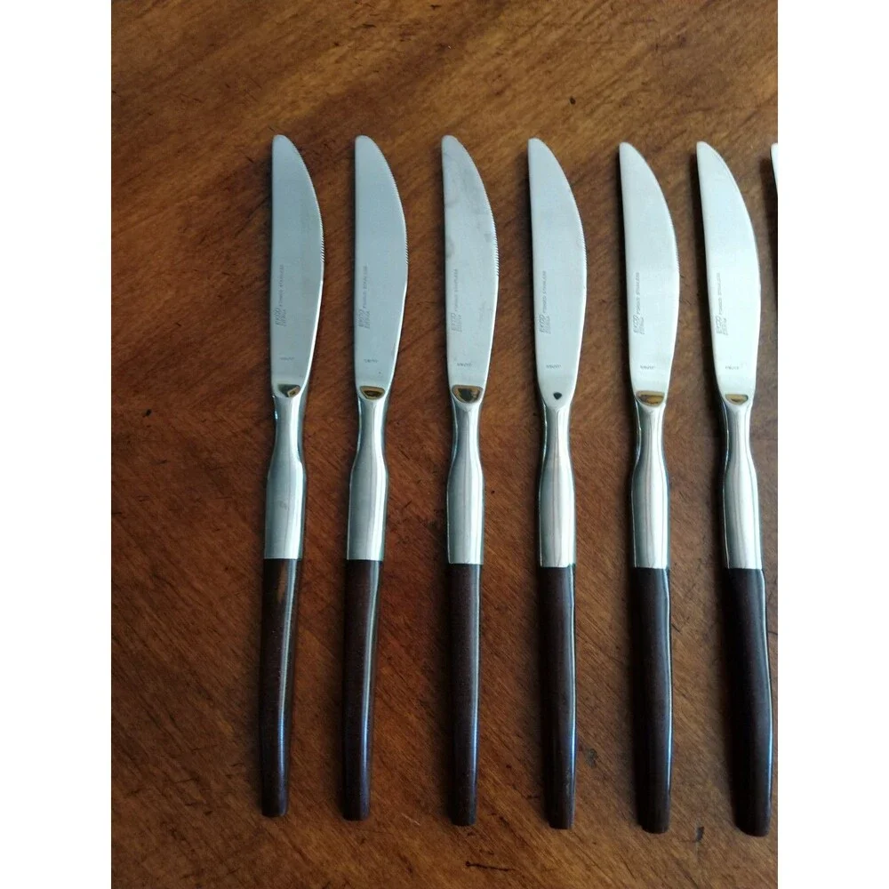 Lot 8x Dinner Knives Ekco Eterna La Joya Stainless Faux Wood MCM EKS14 8.8